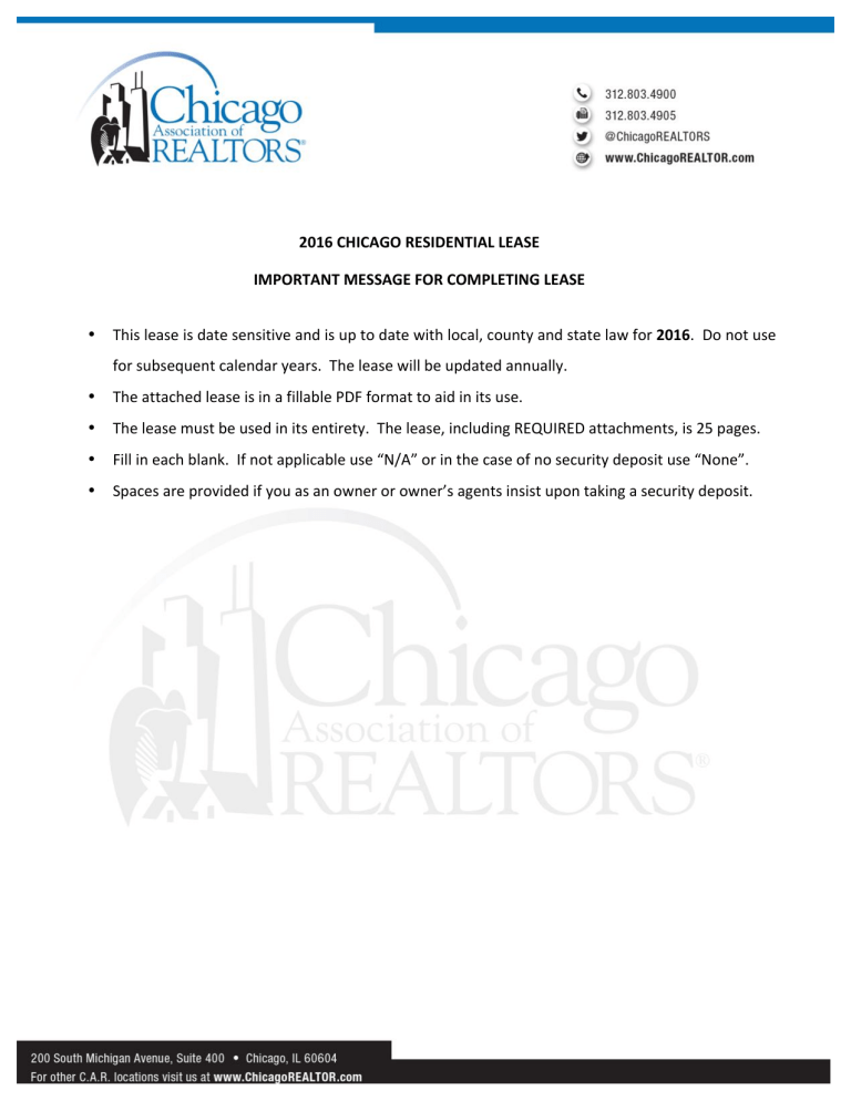 2016 CHICAGO RESIDENTIAL LEASE IMPORTANT MESSAGE