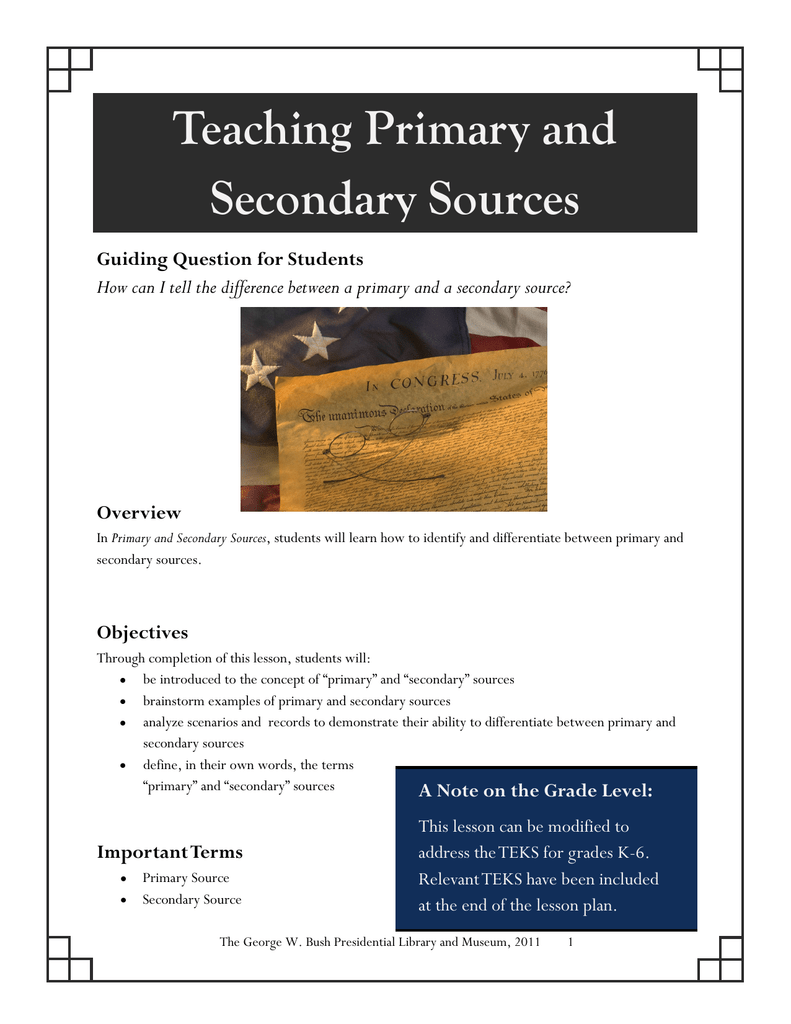 Lesson Plan: Teaching Primary and Secondary Sources, Elementary Intended For Primary And Secondary Sources Worksheet