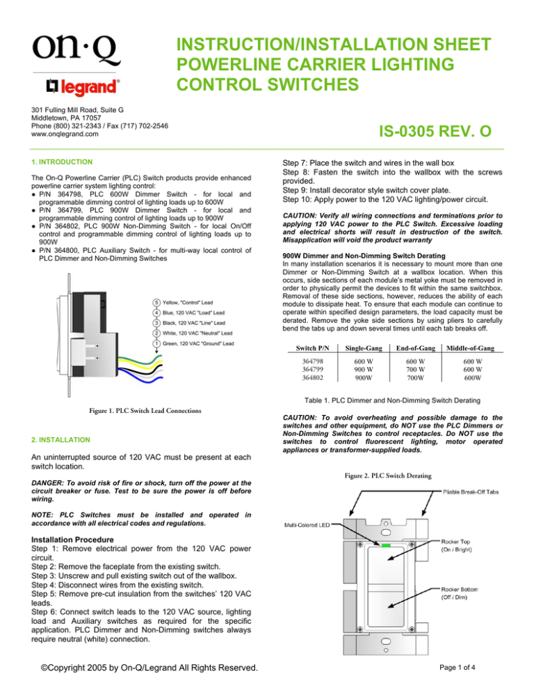 Instruction/installation Sheet Powerline Carrier Lighting Control Switches