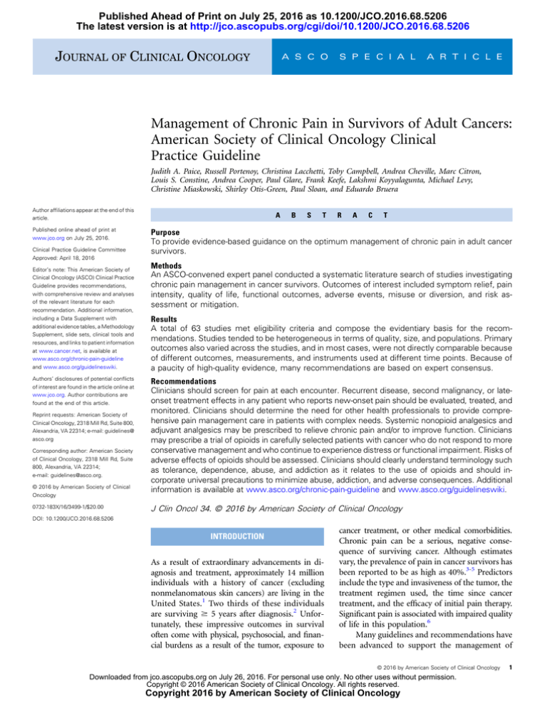 Management of Chronic Pain in Survivors of Adult Cancers