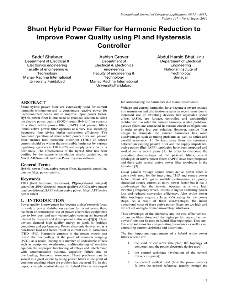 Shunt Hybrid Power Filter for Harmonic Reduction to Improve Power