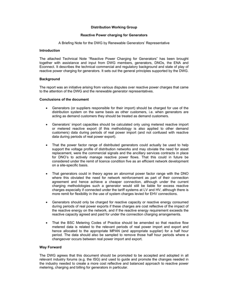 Distribution Working Group Reactive Power charging for