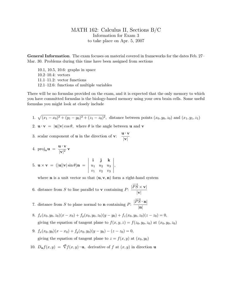 Math 162 Calculus Ii Sections B C U V U V