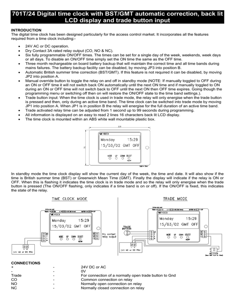 701T/24 Digital time clock with BST/GMT automatic correction