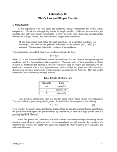 Laboratory 13 Ohm`s Law and Simple Circuits I. Introduction