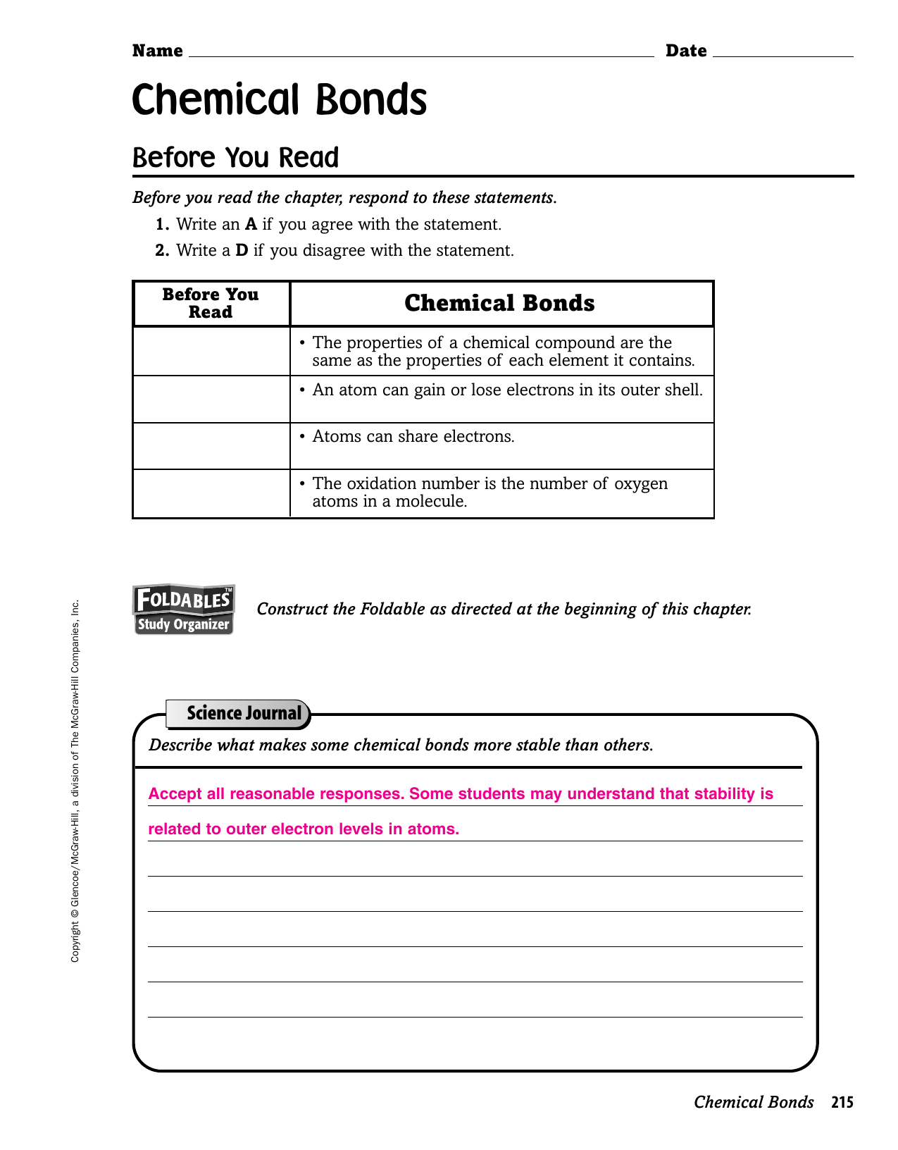 Chemical Bonds Inside Chemical Bonds Worksheet Answers