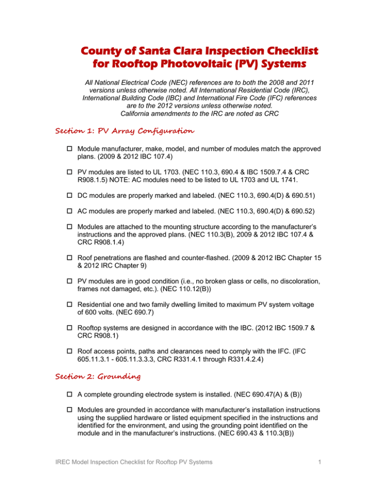 Photovoltaic Inspection Checklist
