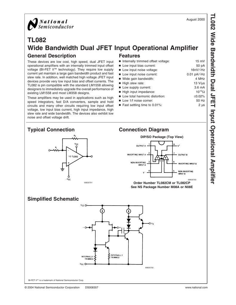 TL082 Wide Bandwidth Dual JFET Input Operational Amplifier