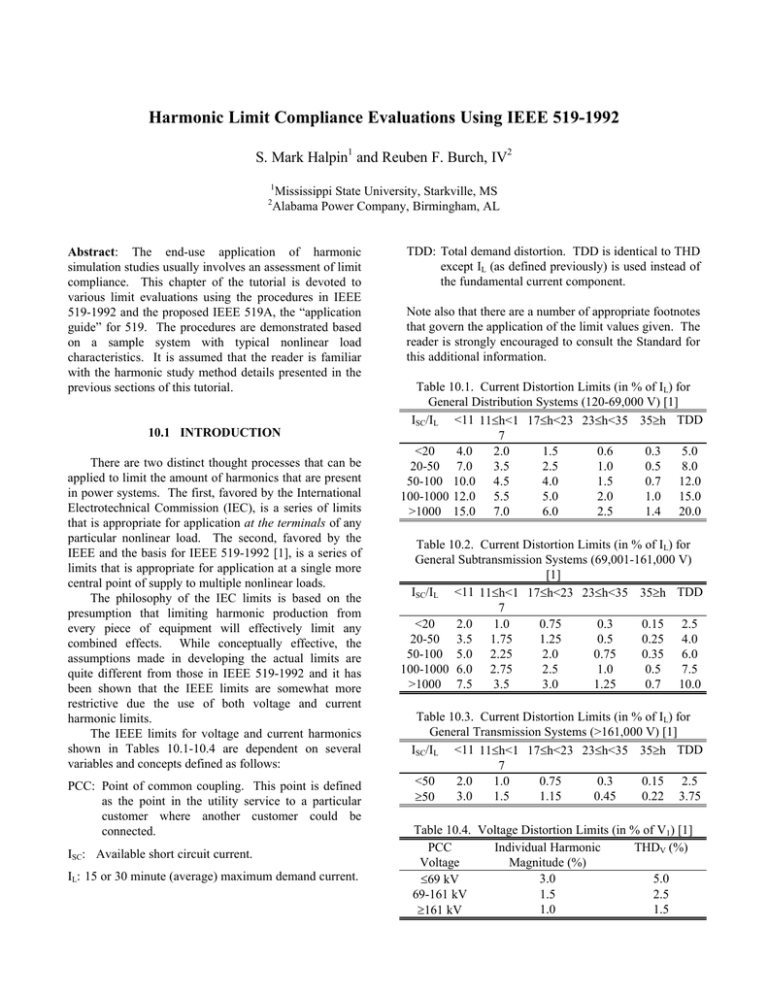 Harmonic Limit Compliance Evaluations Using IEEE 519-1992