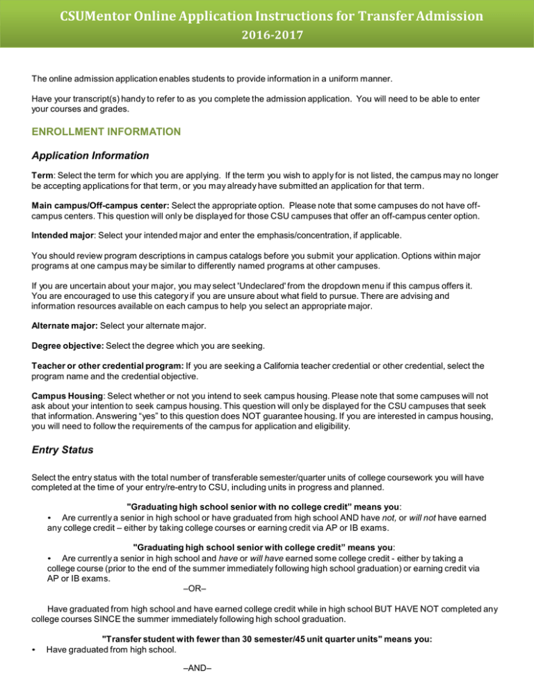 CSUMentor Online Application Instructions For Transfer Admission