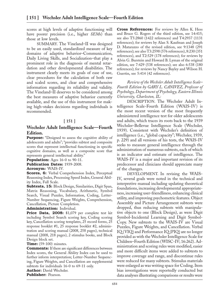 151 Wechsler Adult Intelligence Scale Fourth Edition Wechsler