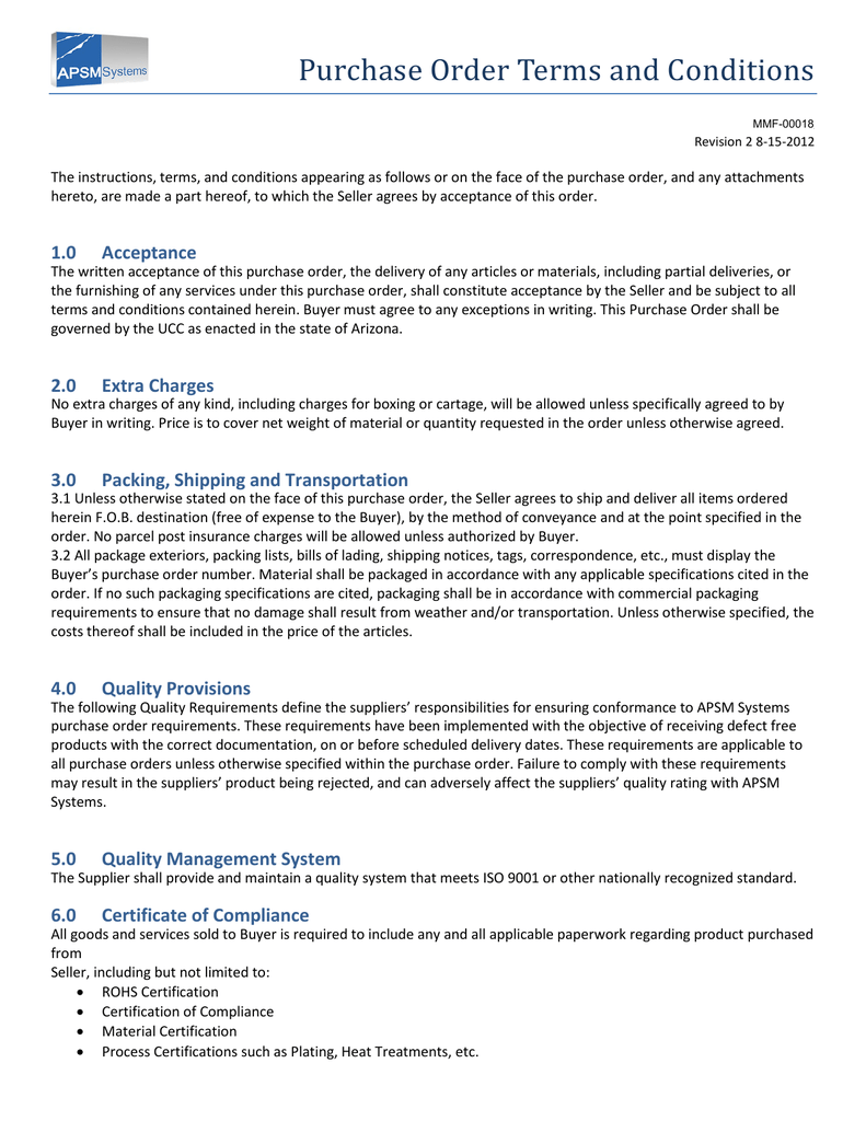 Purchase Order Terms And Conditions