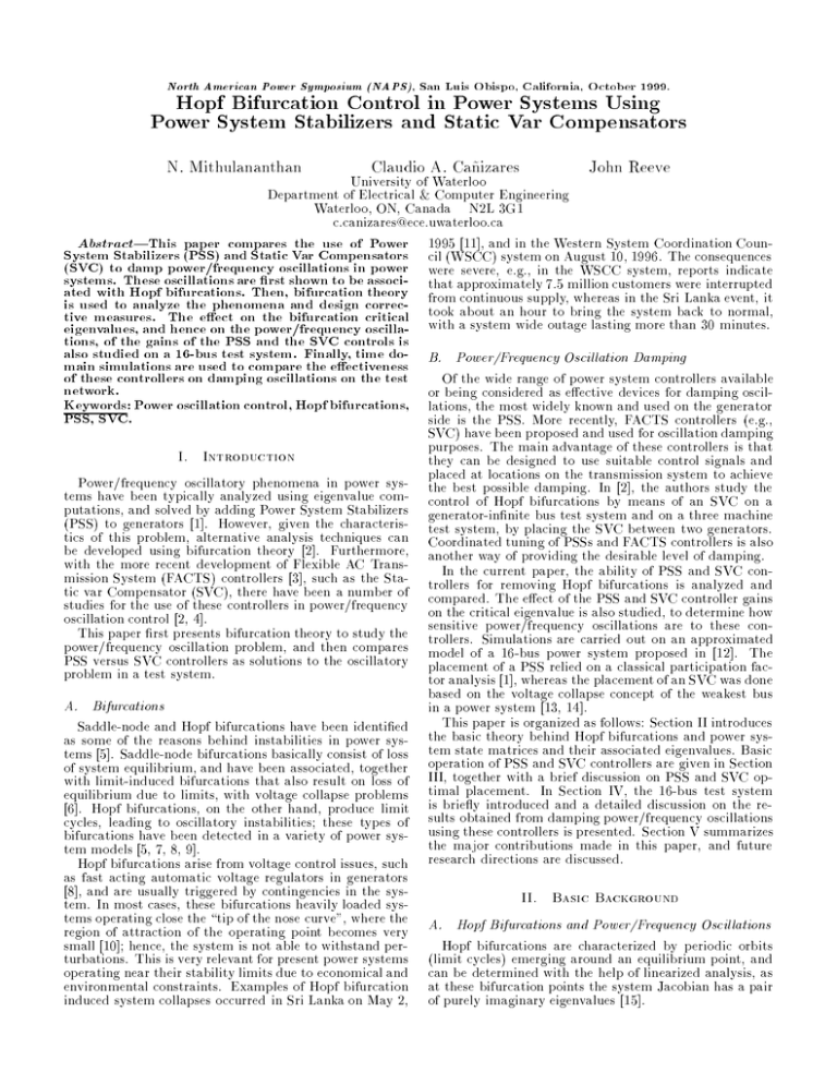 Hopf Bifurcation Control in Power Systems Using Power System