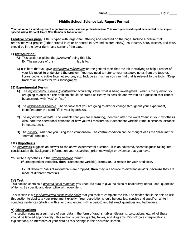 Middle School Science Lab Report Format