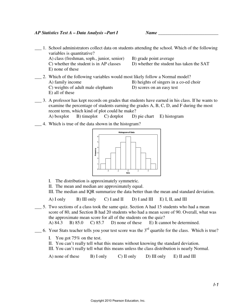 I 1 Ap Statistics Test A Data Analysis