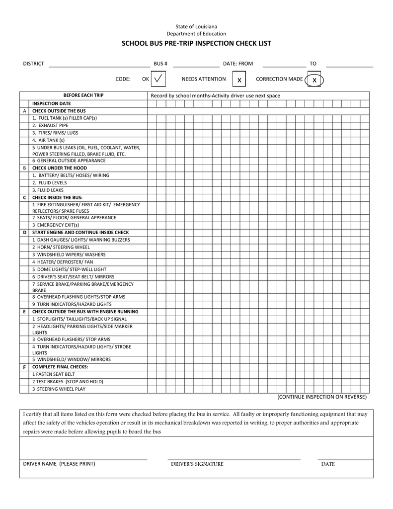 nc school bus pre trip inspection checklist