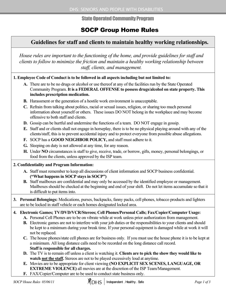 SOCP Group Home Rules Guidelines For Staff And Clients To Maintain