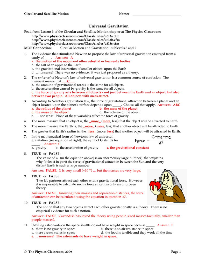 Universal Gravitation Fgrav = G•m2111•m211 d211 With Universal Gravitation Worksheet Answers