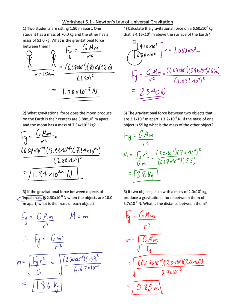 Universal Gravitation Worksheet Answers