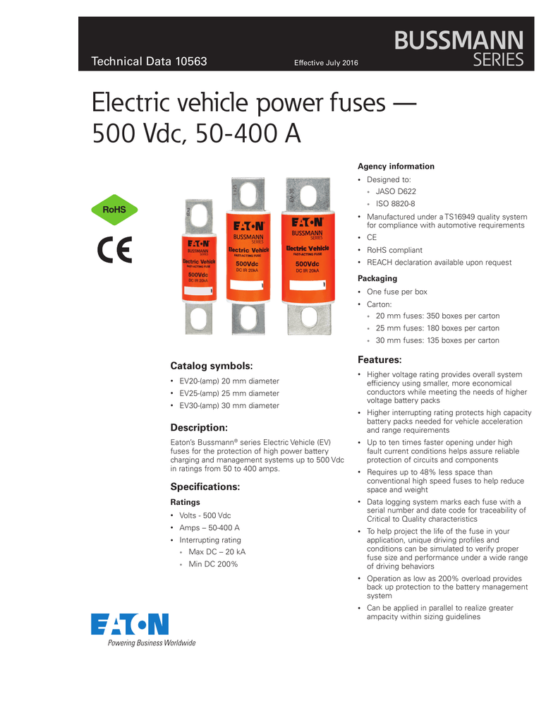 Bussmann series battery power electric vehicle fuse data sheet no