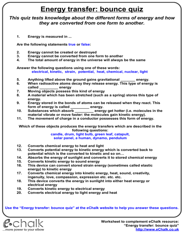 Energy transfer Bounce Quiz