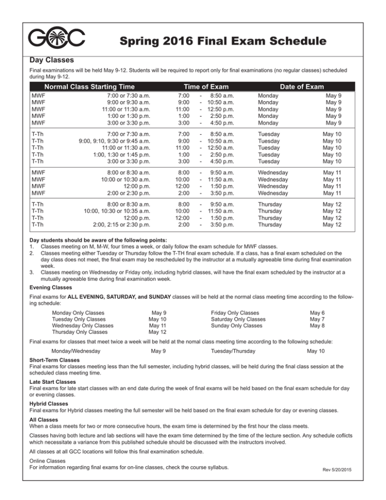 Spring 2016 Final Exam Schedule