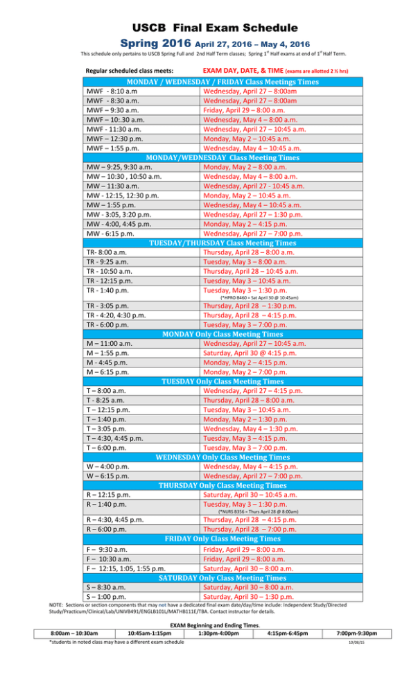 USCB Final Exam Schedule