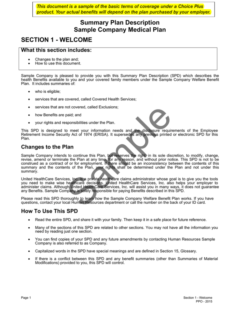 Sample SPD PDF All Savers Health Plans And Services