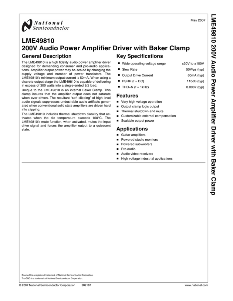 LME49810 200V Audio Power Amplifier Driver with Baker Clamp