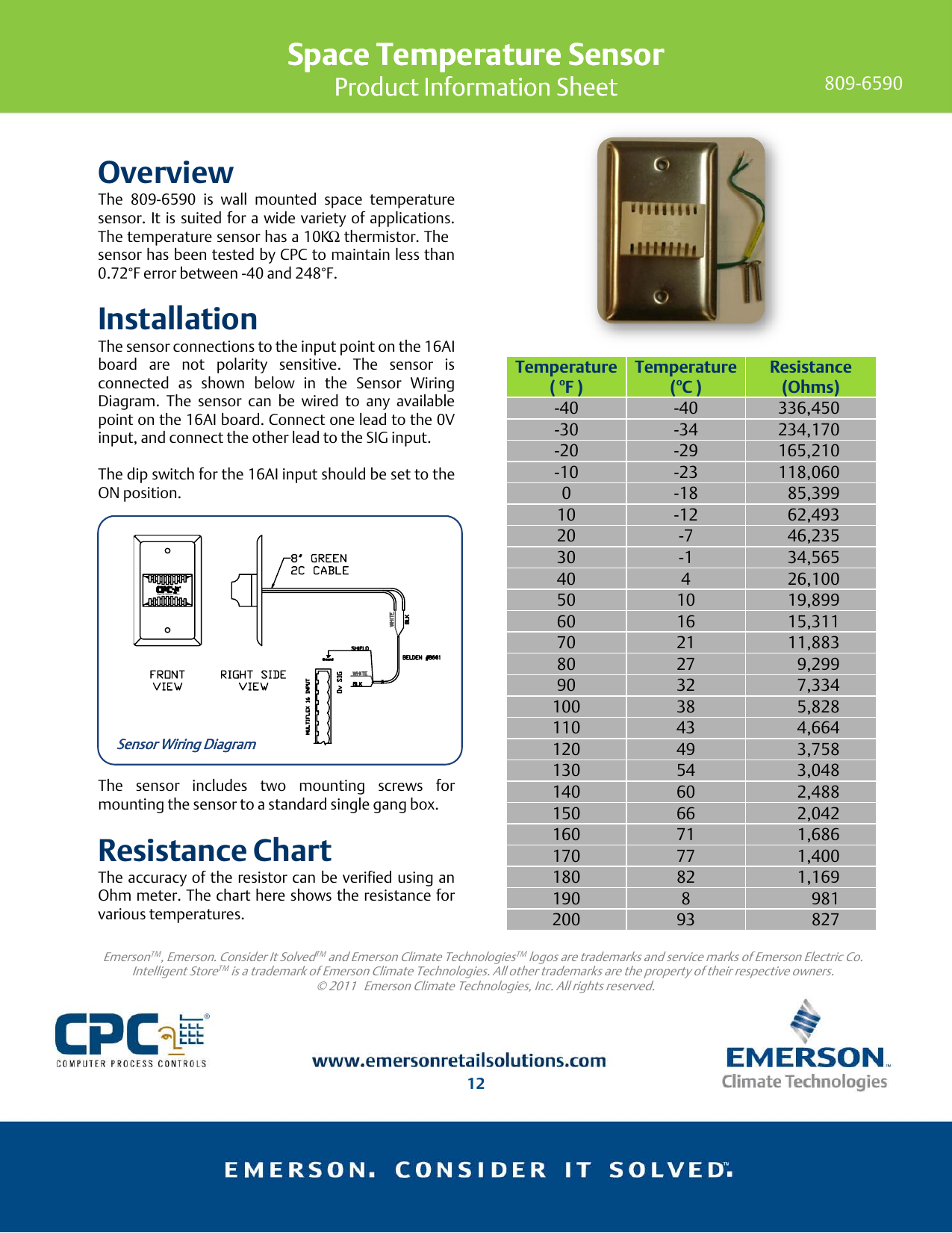 Space Temperature Sensor Overview Installation Resistance Chart