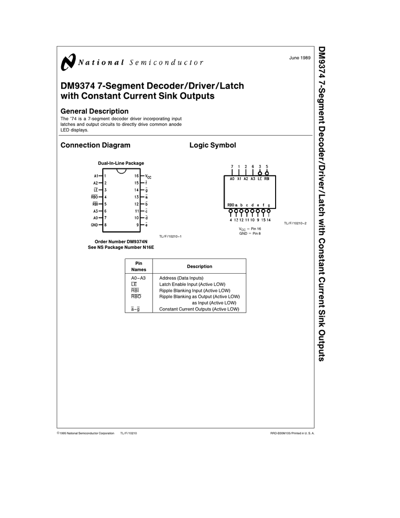 Dm9374 7 Segment Decoder Driver Latch With Constant Current