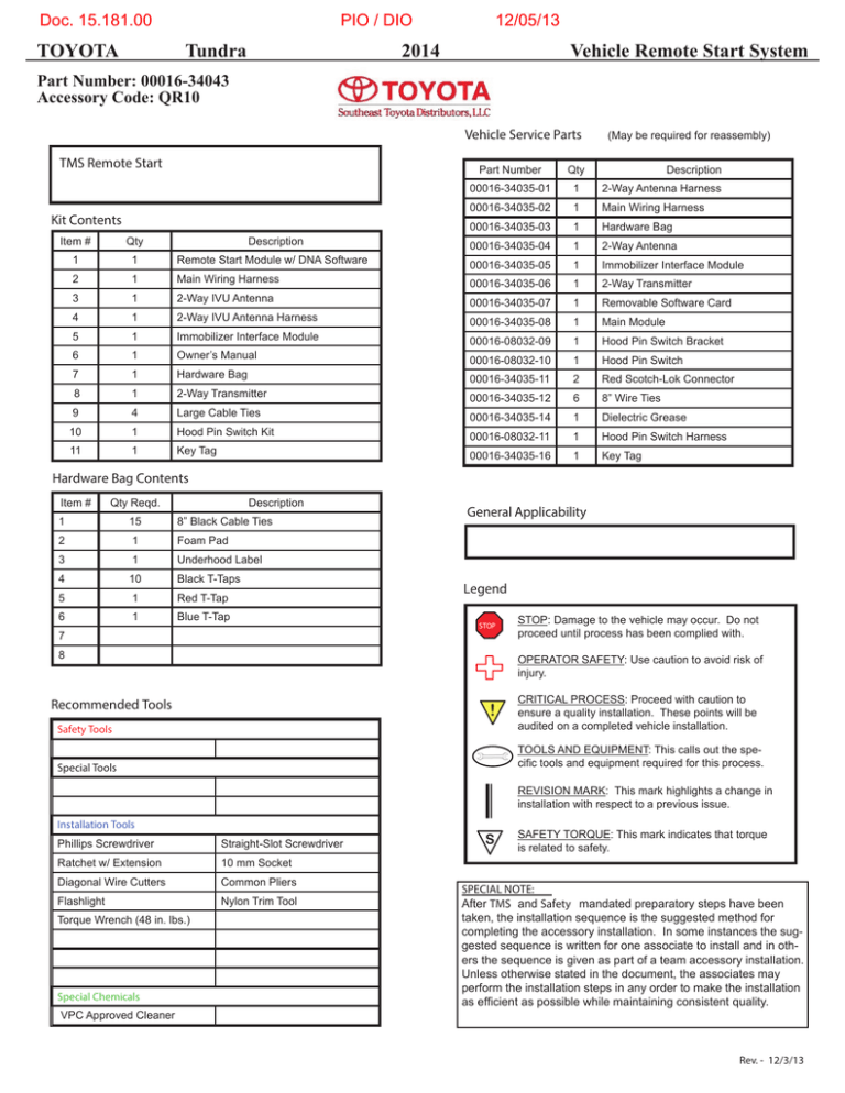 2014 Tundra Vehicle Remote Start System