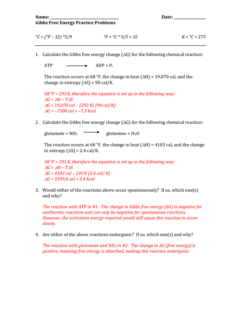 Gibbs Free Energy Practice Problems Regarding Gibbs Free  Energy Worksheet