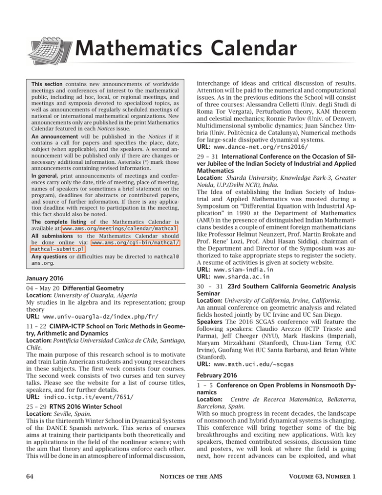 Mathematics Calendar American Mathematical Society
