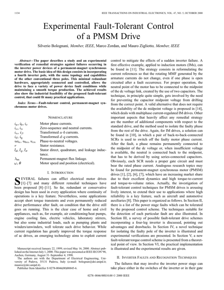 experimental fault tolerant control of a pmsm drive