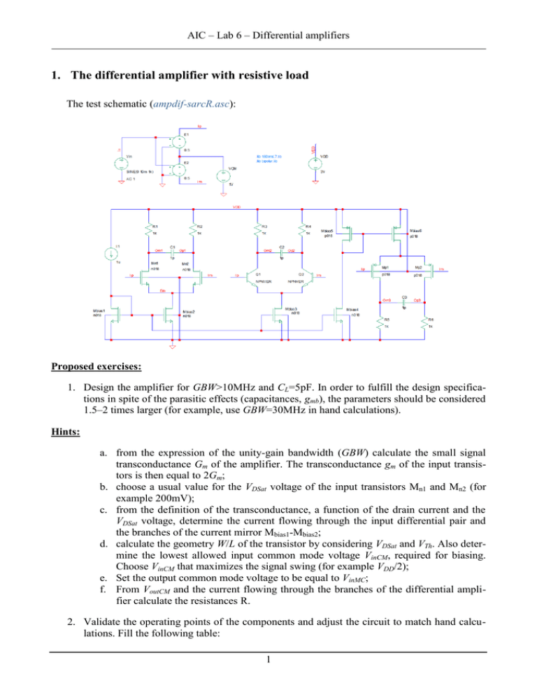 1. The differential amplifier with resistive load