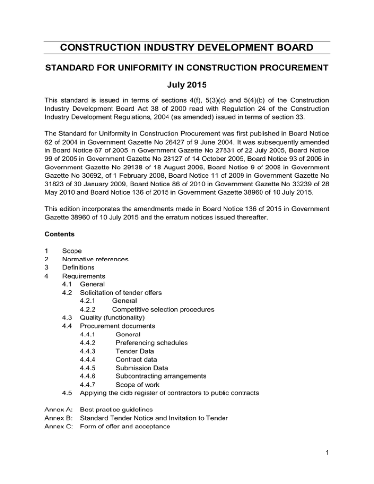 cidb Standard for Uniformity in Construction Procurement