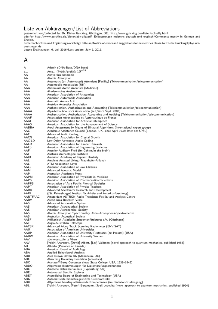 Liste Von Abkurzungen List Of Abbreviations