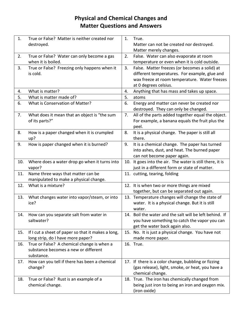 Physical And Chemical Changes Question And Answer