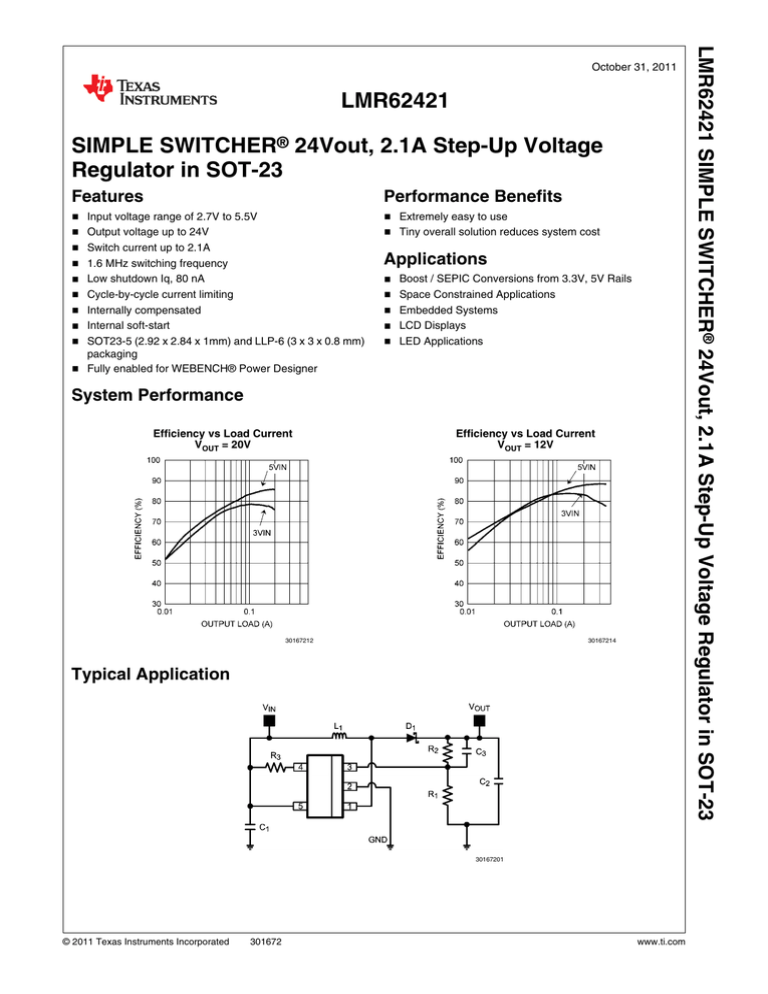 LMR62421 SIMPLE SWITCHER ® 24Vout, 2.1A Step