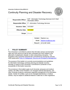 Continuity Planning and Disaster Recovery - UCOP