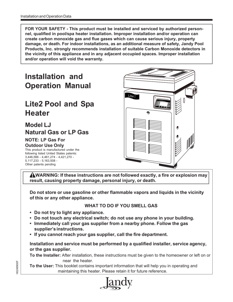 Installation and Operation Manual Lite2 Pool and Spa Heater