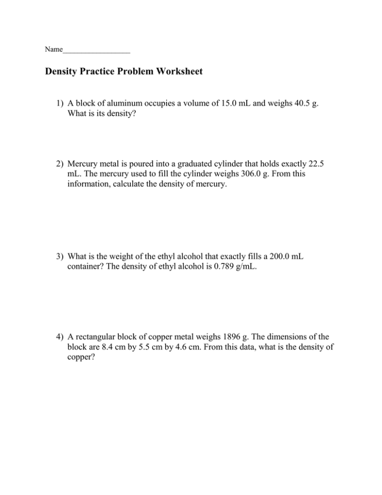 Density Practice Problem Worksheet Answers A Block Of Aluminum