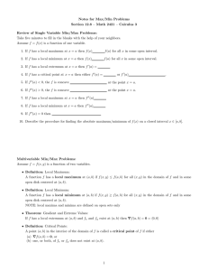 Notes for Max/Min Problems Section 12.8 – Math 2421 – Calculus 3