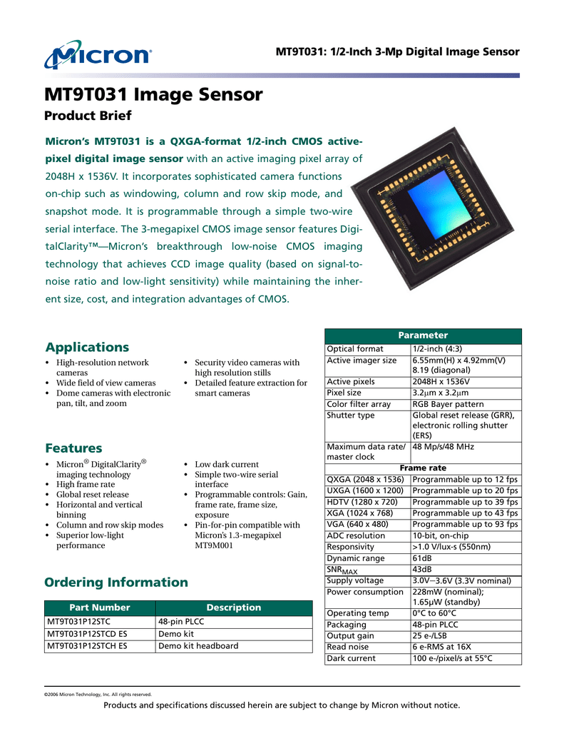 Image Sensor 1 2 Inch 3 Mp For The Mt9t031