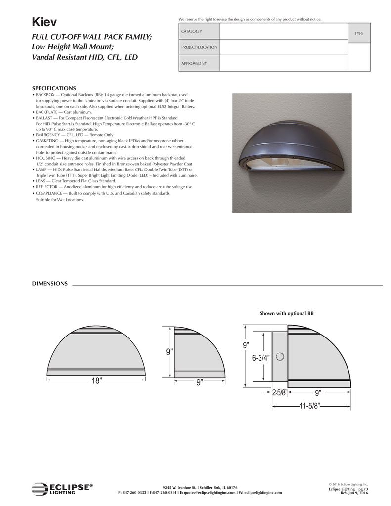 Kiev Series Eclipse Lighting Inc Kiev Series Eclipse Lighting Inc