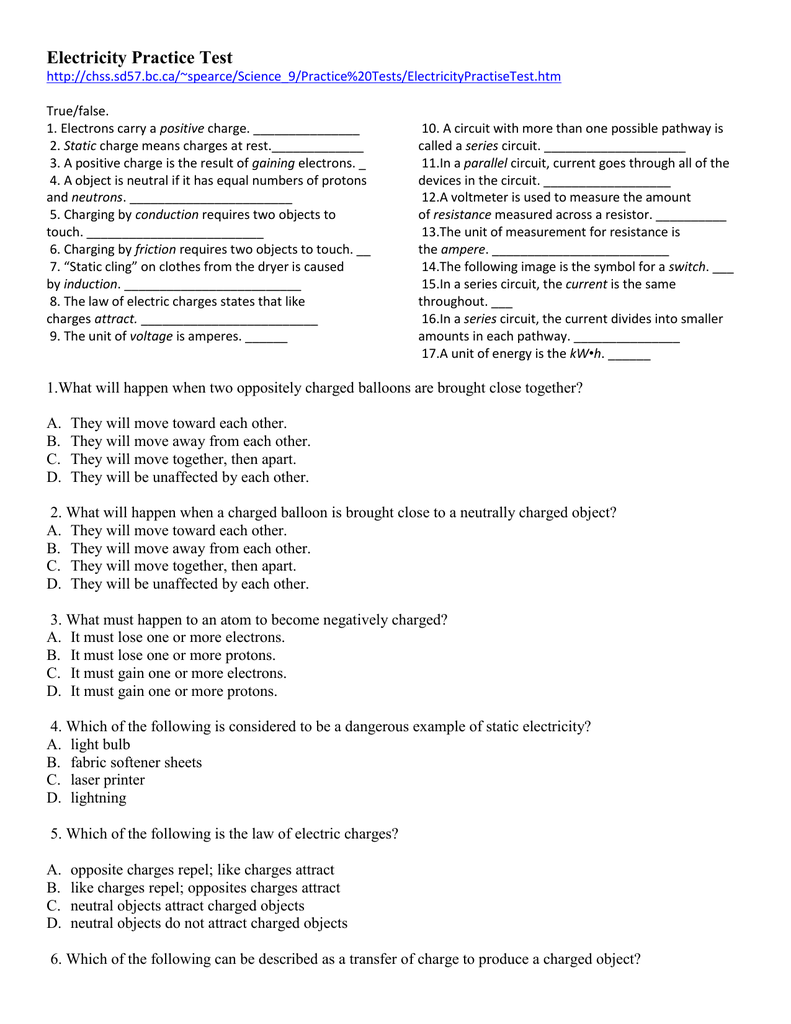 Electricity Practice Test