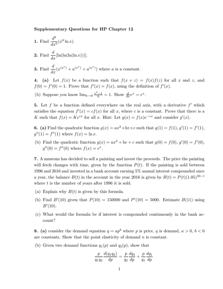 Supplementary Questions For Hp Chapter 12 1 Find D9 Dx9 X8 Ln X