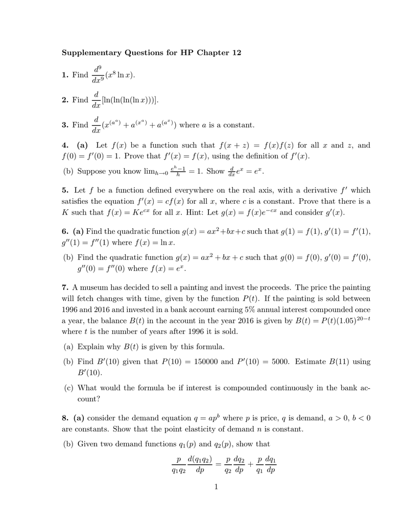 Supplementary Questions For Hp Chapter 12 1 Find D9 Dx9 X8 Ln X