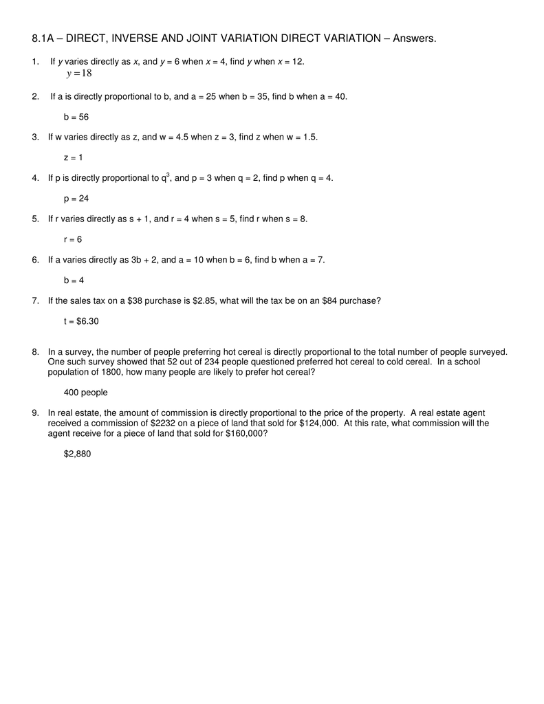 22.22A – DIRECT, INVERSE AND JOINT VARIATION Regarding Direct Variation Worksheet Answers